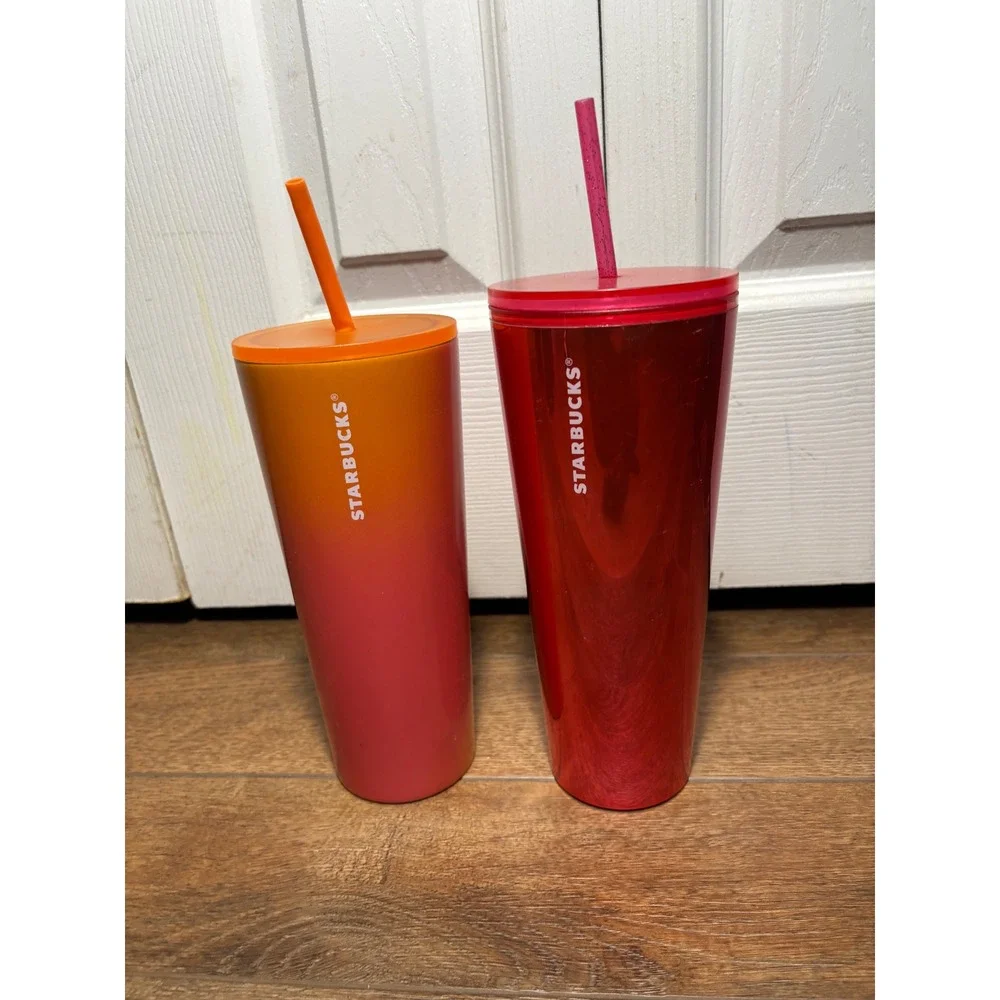 Starbucks Tumbler Cups with Lids and Straws 2 Pack Red Orange Ombre Venti‎
